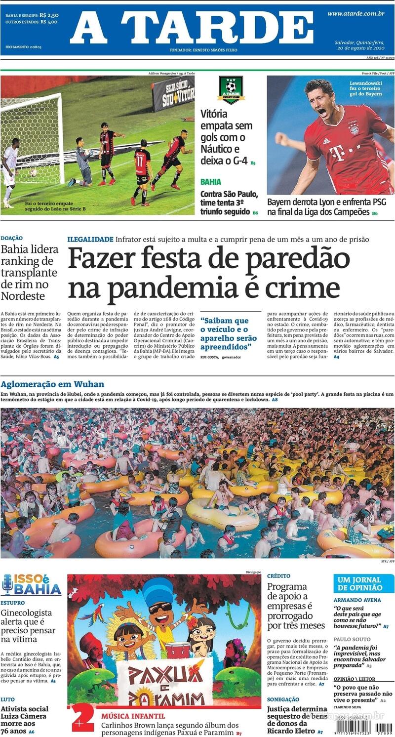 Capa do jornal A Tarde 20/08/2020