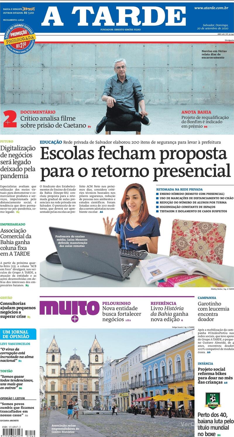 Capa do jornal A Tarde 20/09/2020