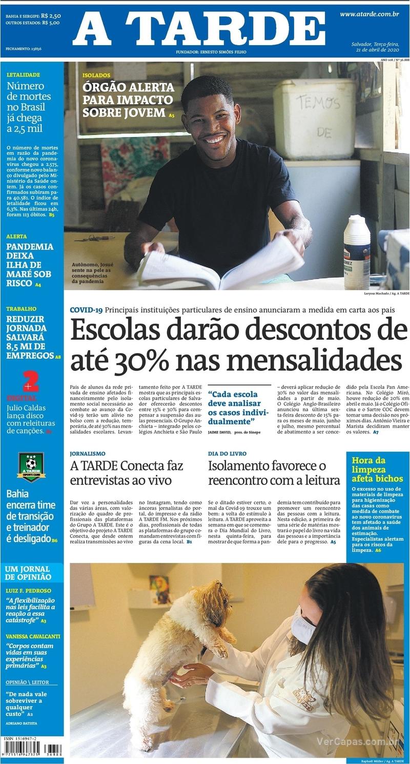 Capa do jornal A Tarde 21/04/2020
