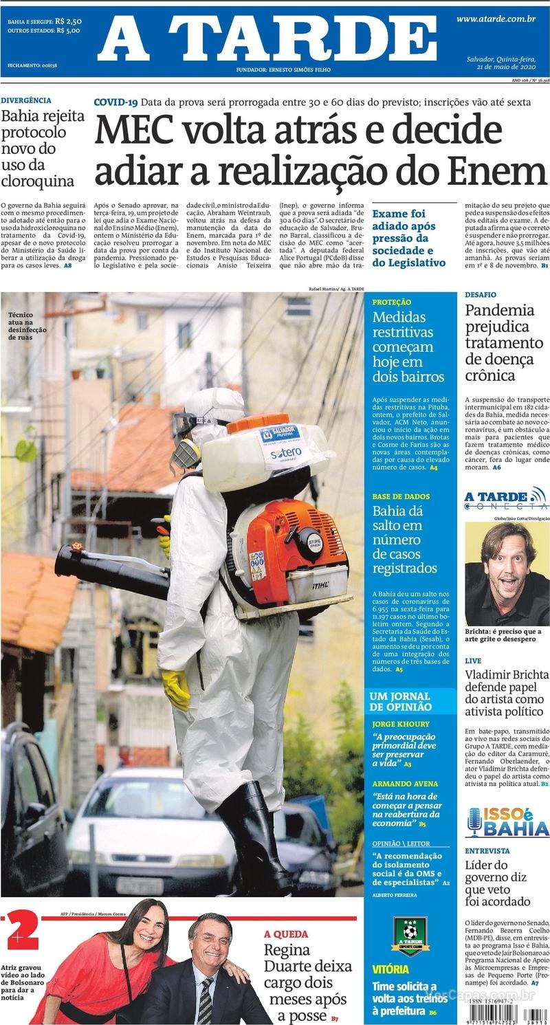 Capa do jornal A Tarde 21/05/2020