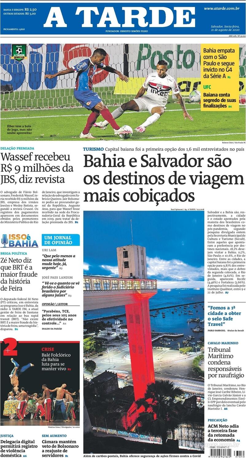 Capa do jornal A Tarde 21/08/2020
