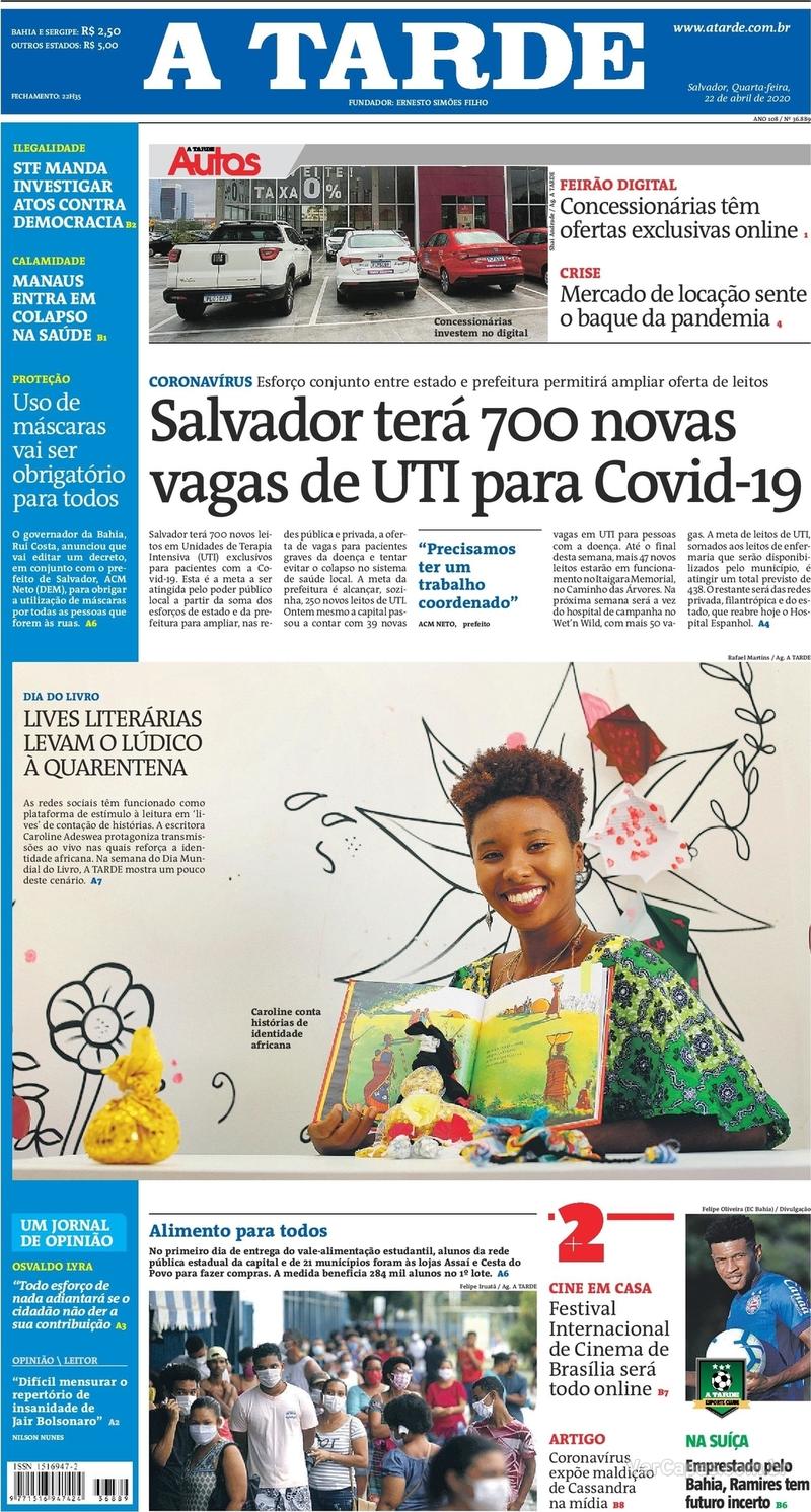 Capa do jornal A Tarde 22/04/2020