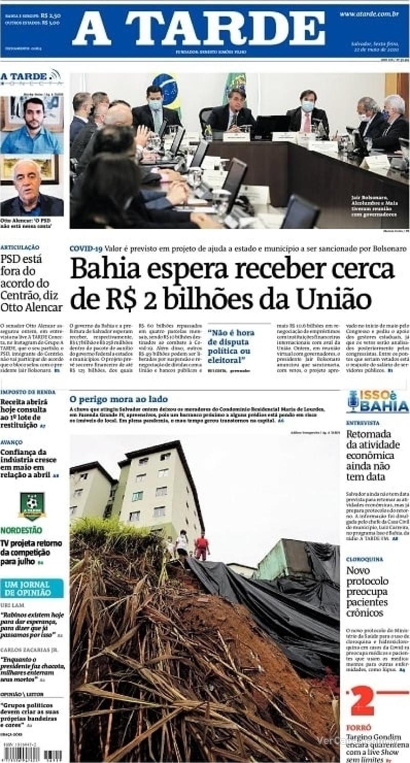 Capa do jornal A Tarde 22/05/2020