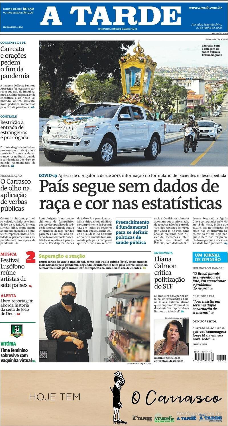 Capa do jornal A Tarde 22/06/2020