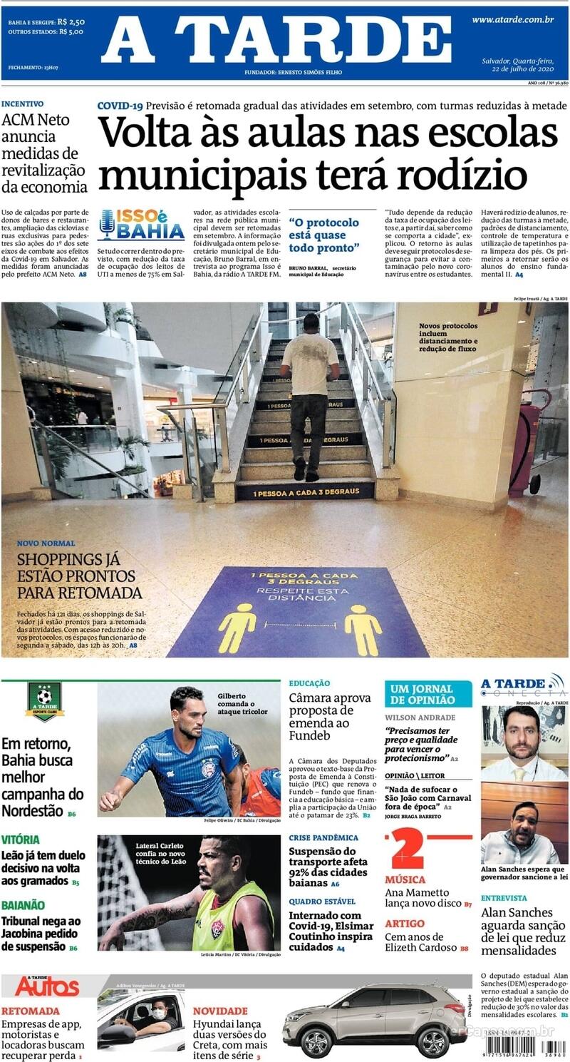 Capa do jornal A Tarde 22/07/2020