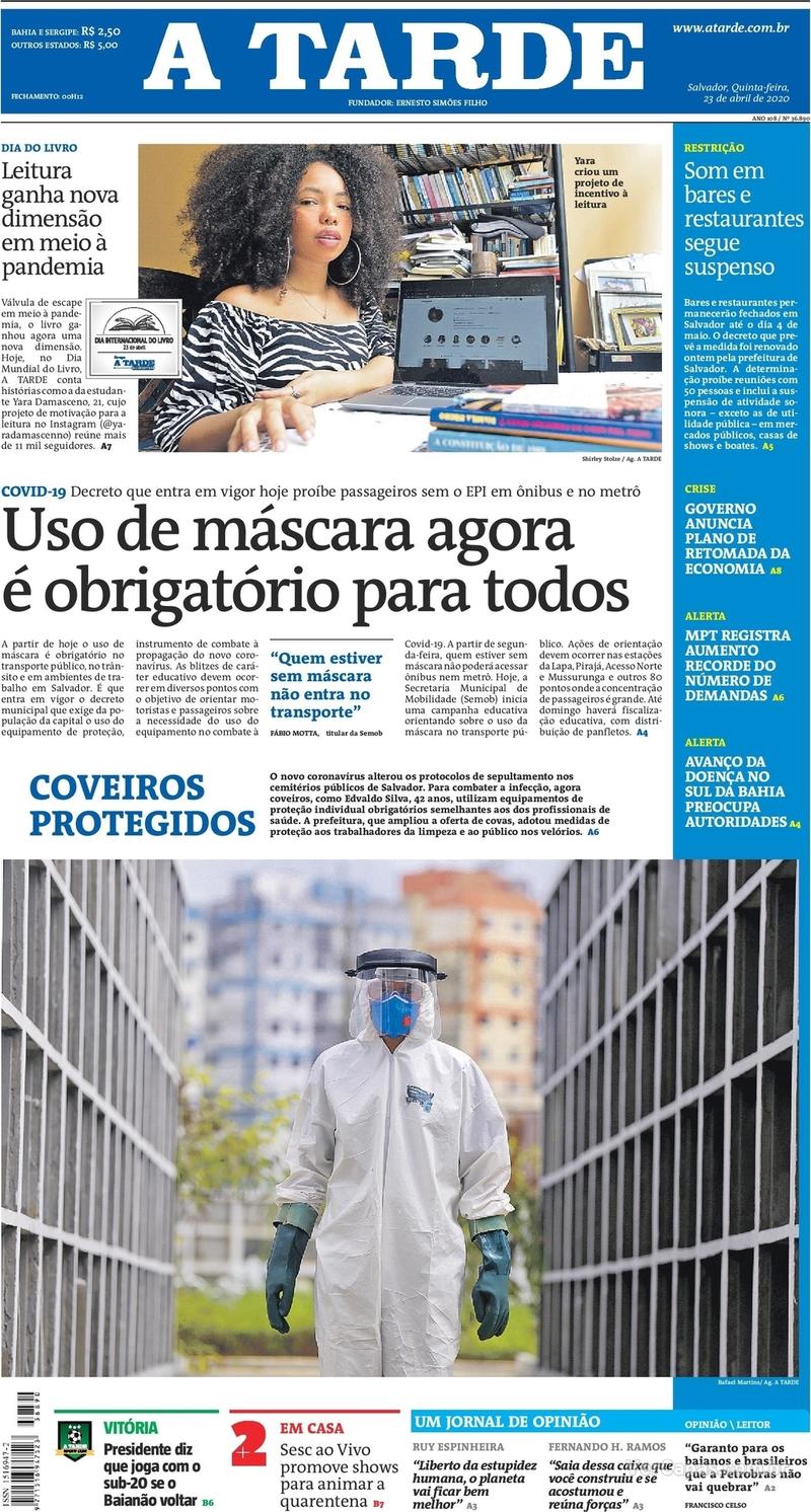 Capa do jornal A Tarde 23/04/2020