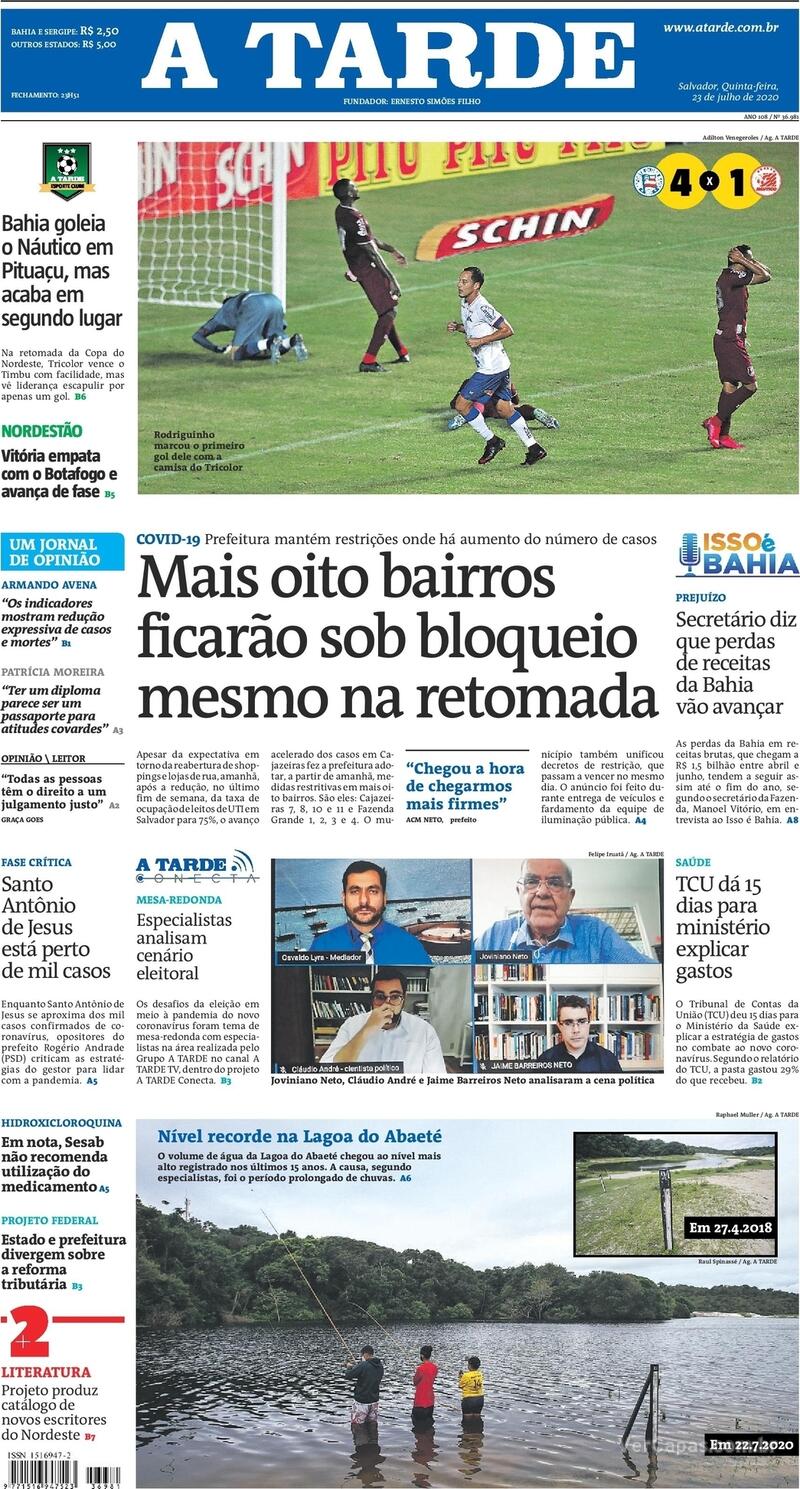Capa do jornal A Tarde 23/07/2020