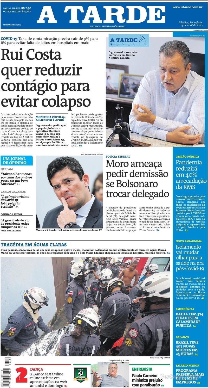 Capa do jornal A Tarde 24/04/2020