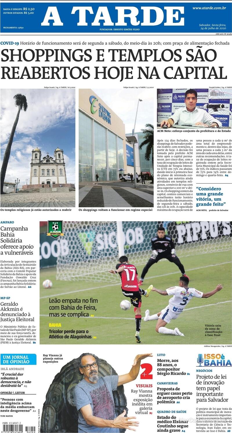 Capa do jornal A Tarde 24/07/2020