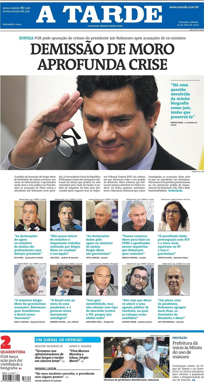Capa do jornal A Tarde 25/04/2020