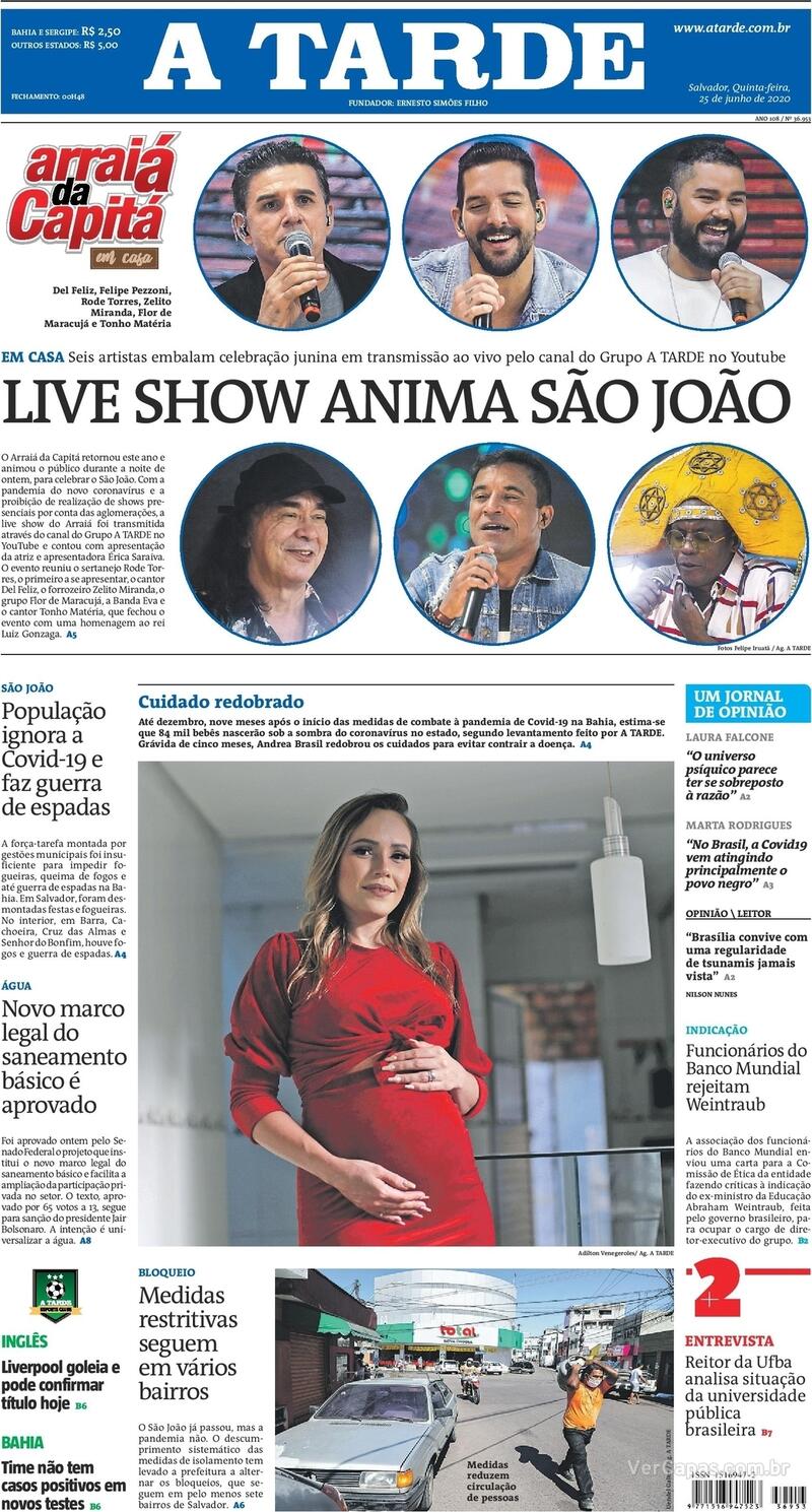 Capa do jornal A Tarde 25/06/2020