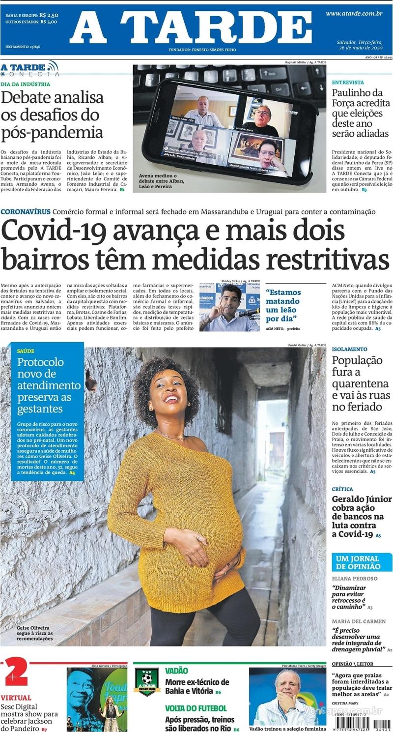 Capa do jornal A Tarde 26/05/2020