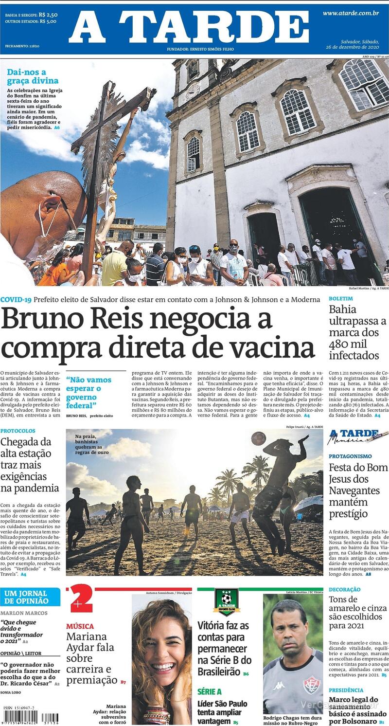 Capa do jornal A Tarde 26/12/2020