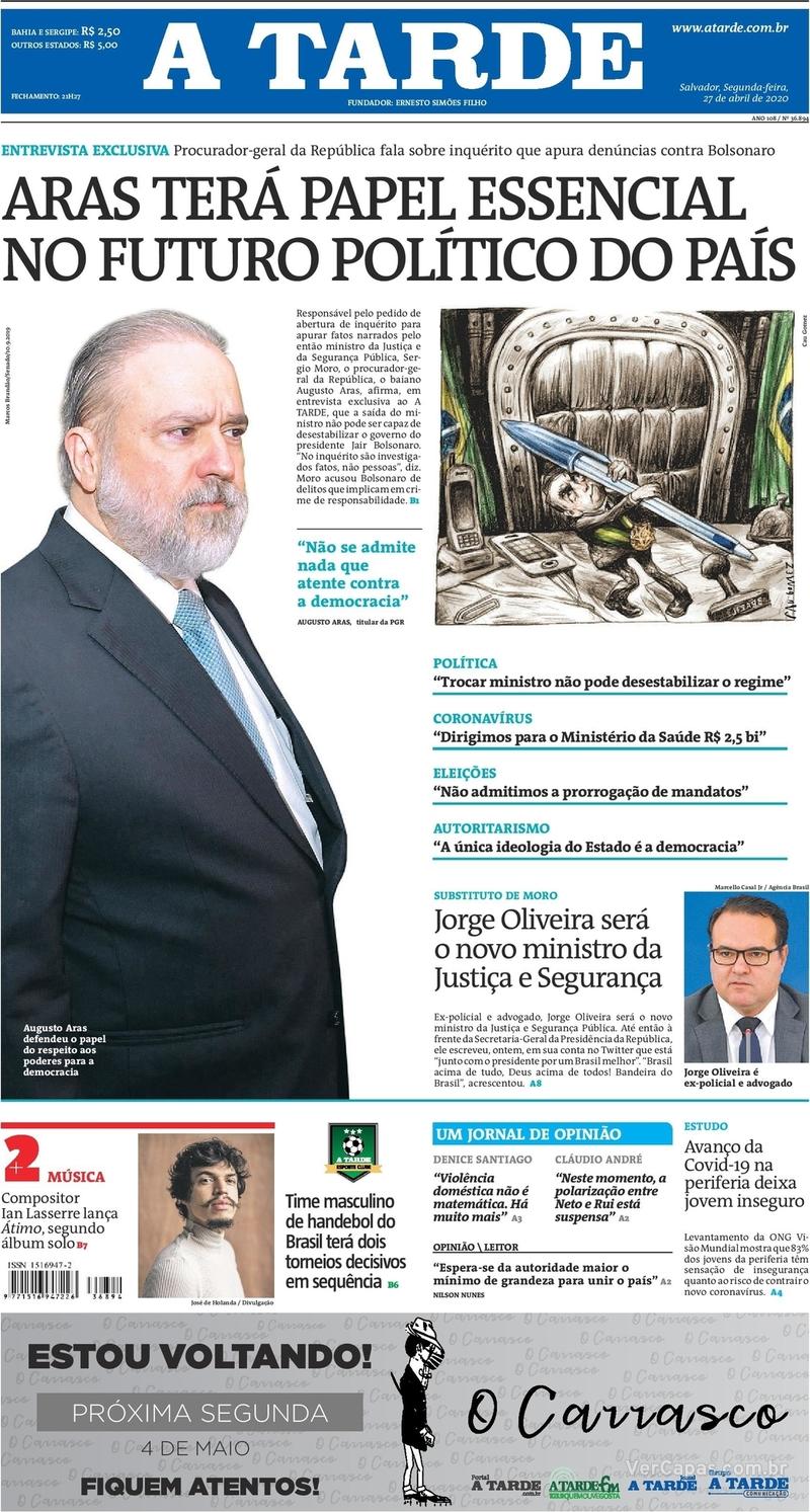 Capa do jornal A Tarde 27/04/2020