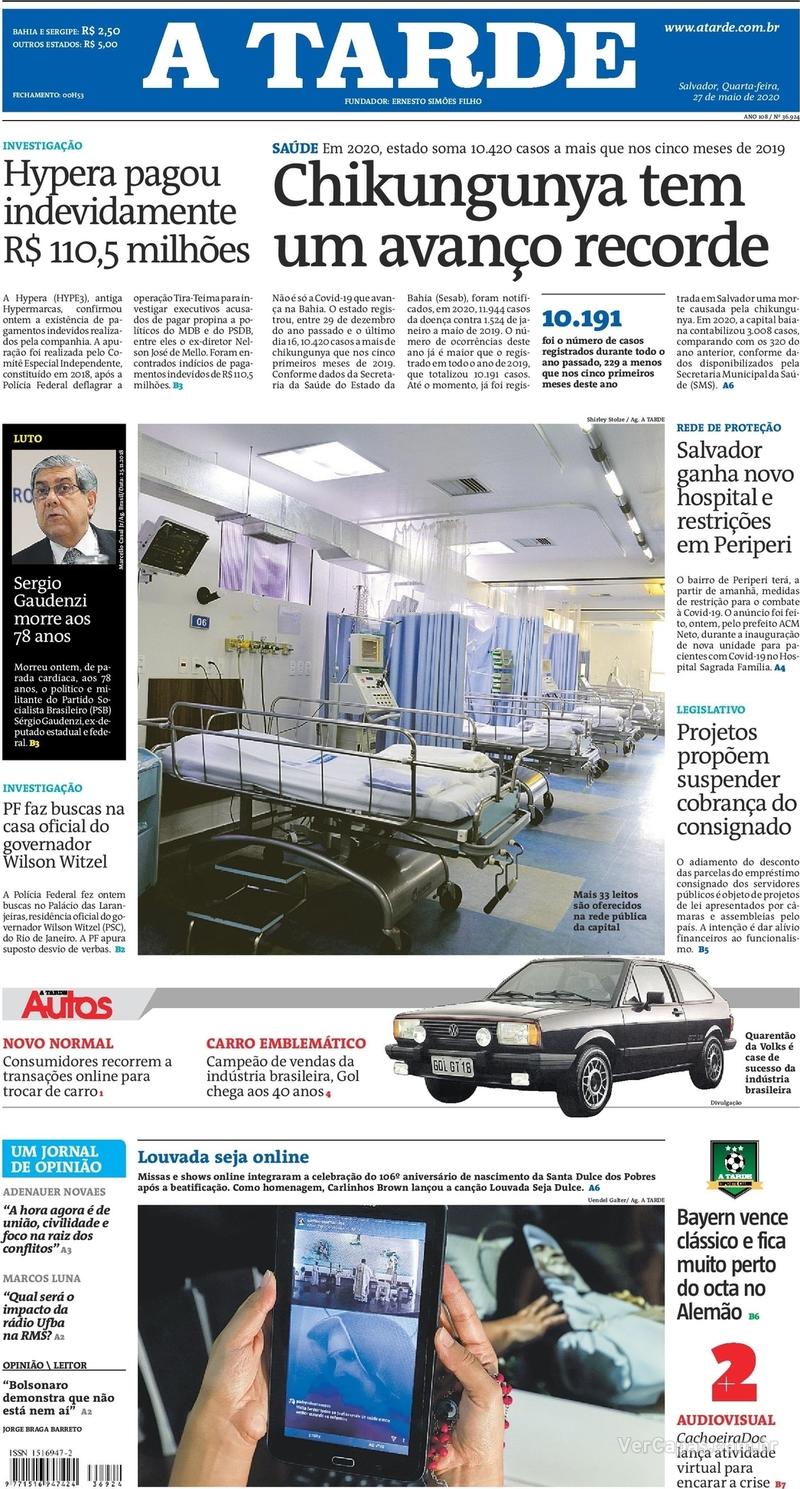 Capa do jornal A Tarde 27/05/2020