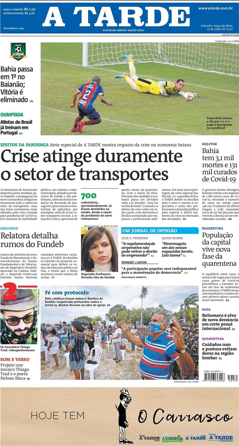 Capa do jornal A Tarde 27/07/2020