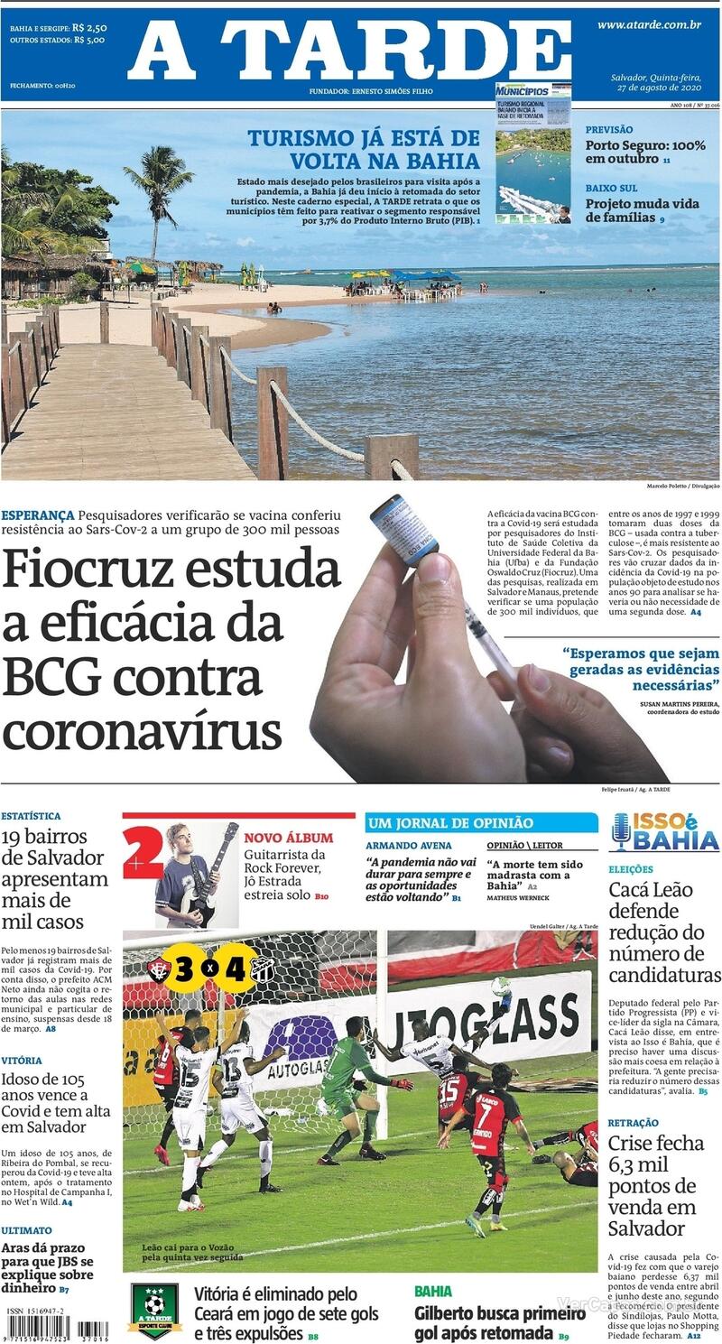 Capa do jornal A Tarde 27/08/2020