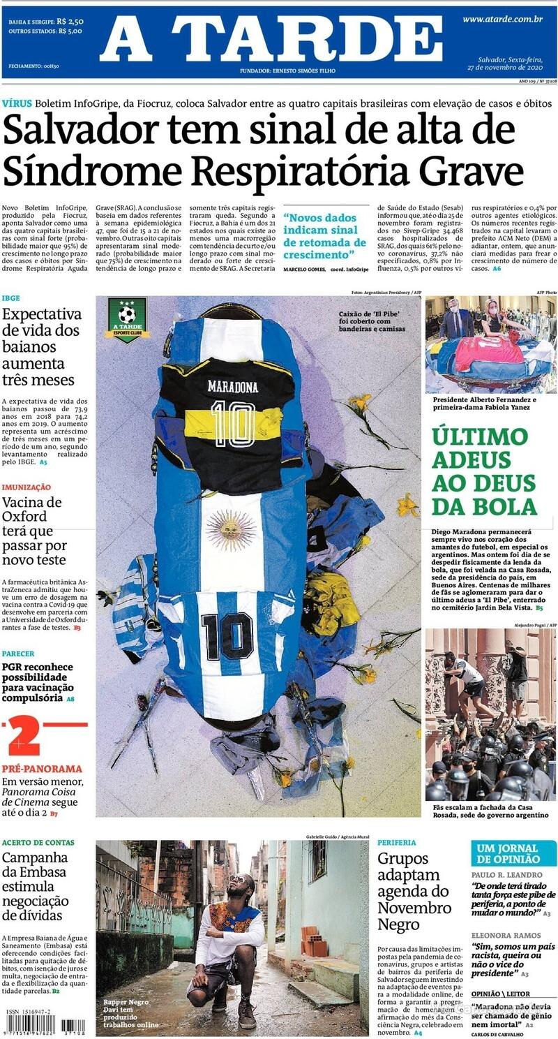 Capa do jornal A Tarde 27/11/2020