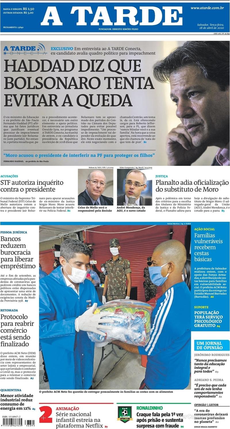 Capa do jornal A Tarde 28/04/2020