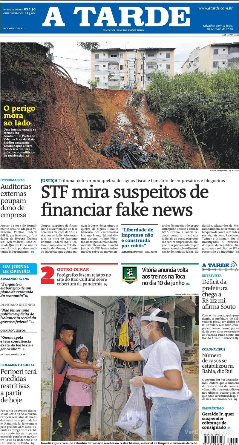 Capa do jornal A Tarde 28/05/2020