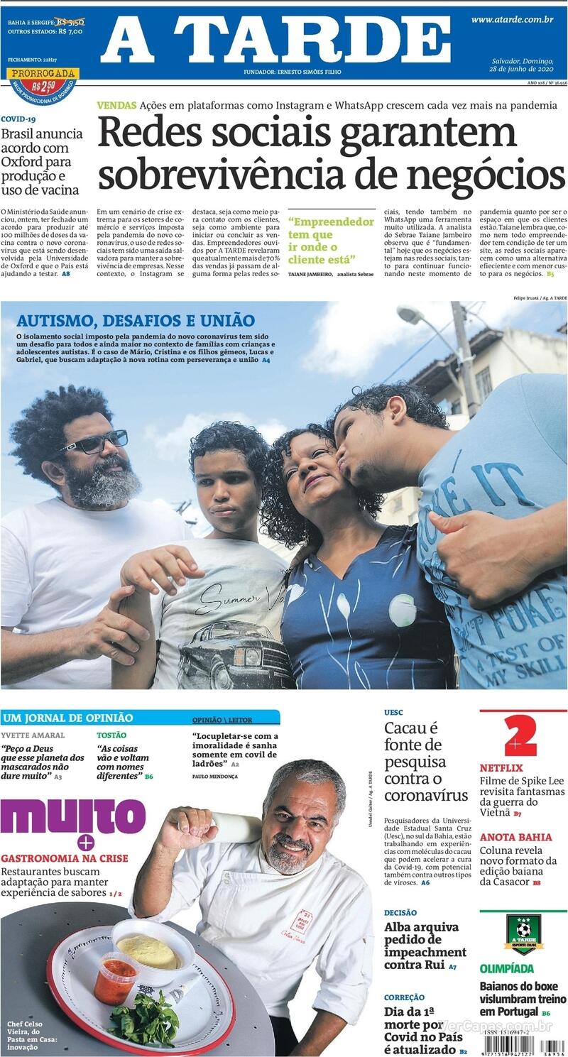 Capa do jornal A Tarde 28/06/2020
