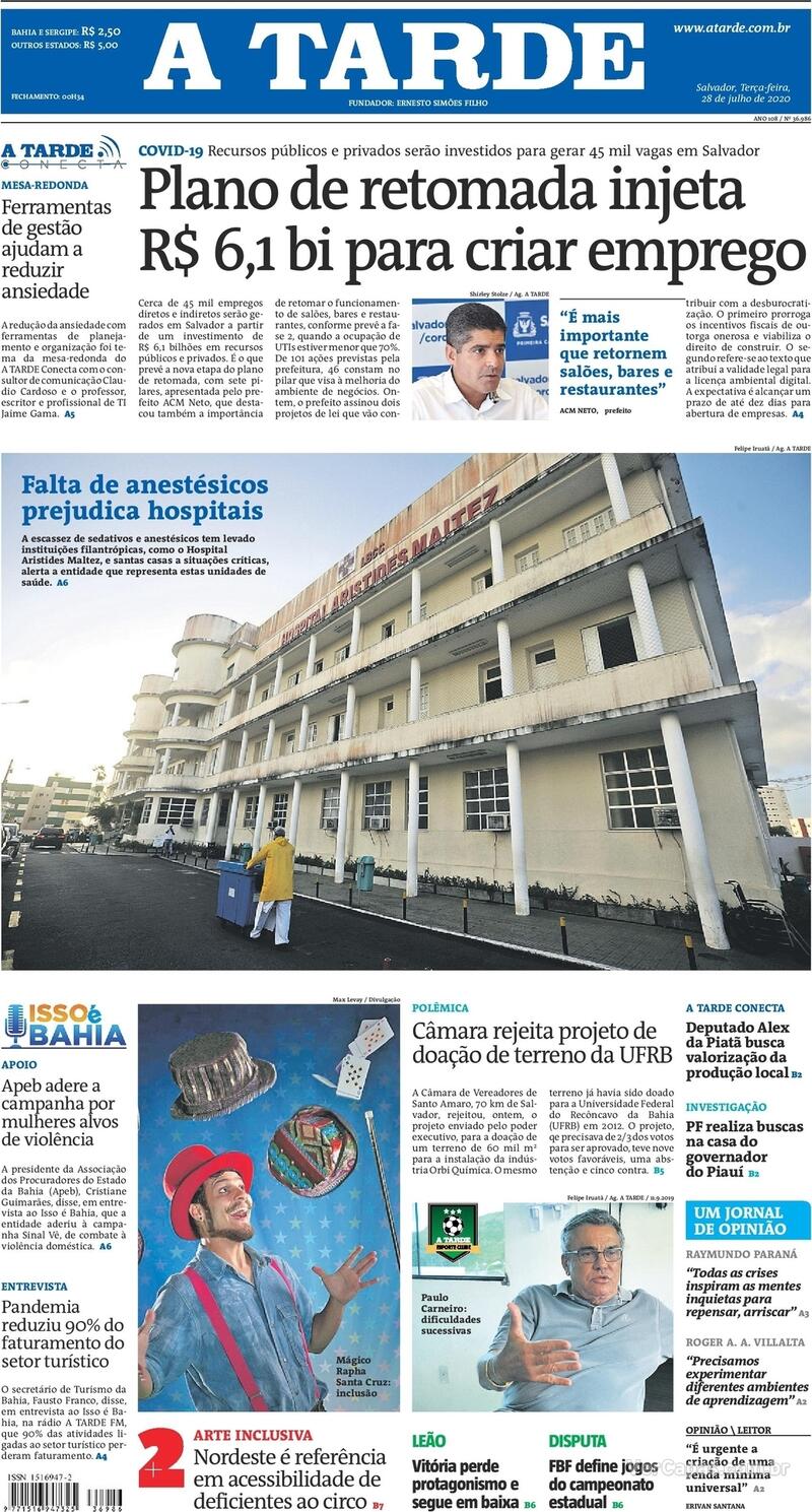 Capa do jornal A Tarde 28/07/2020