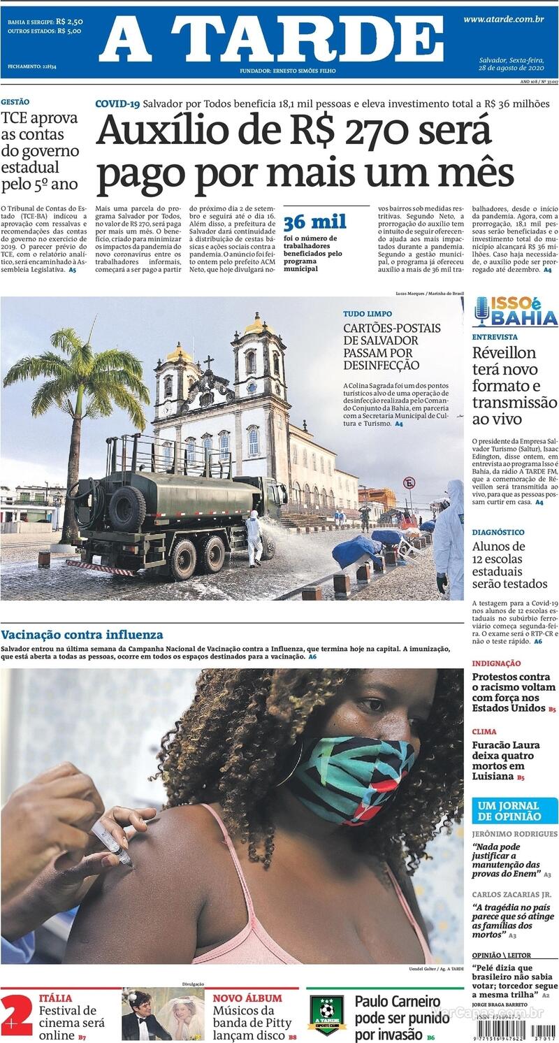 Capa do jornal A Tarde 28/08/2020