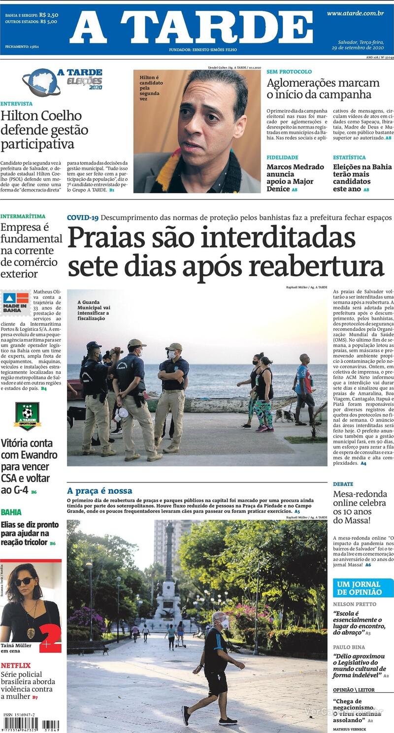 Capa do jornal A Tarde 29/09/2020