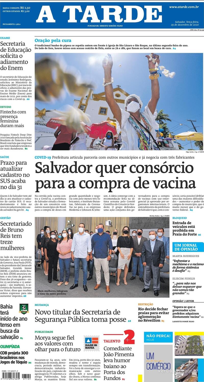Capa do jornal A Tarde 29/12/2020