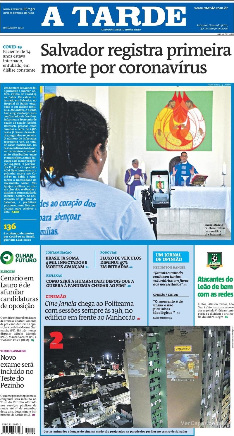 Capa do jornal A Tarde 30/03/2020