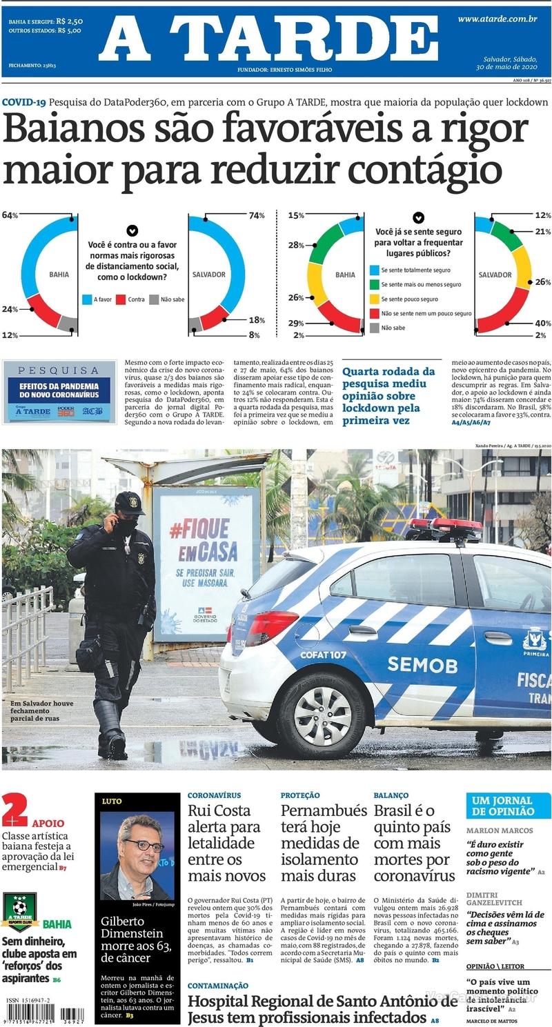 Capa do jornal A Tarde 30/05/2020