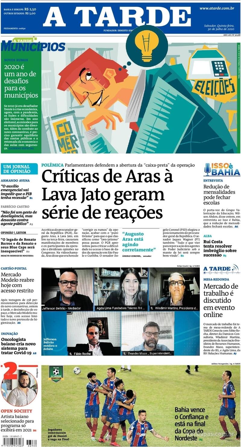 Capa do jornal A Tarde 30/07/2020