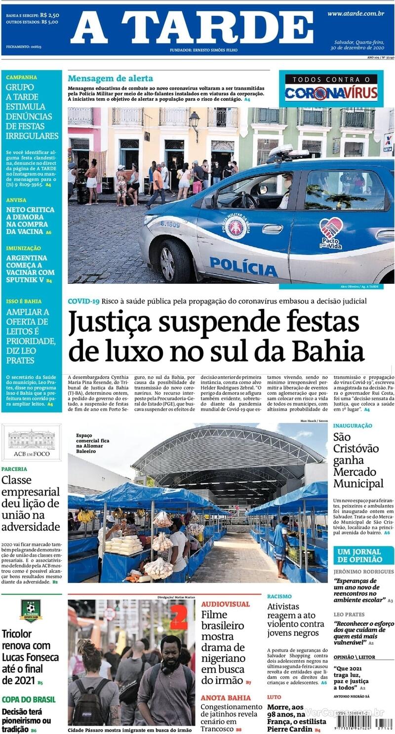 Capa do jornal A Tarde 30/12/2020