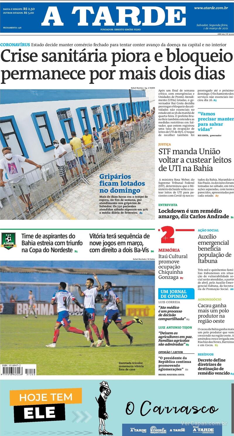 Capa do jornal A Tarde 01/03/2021