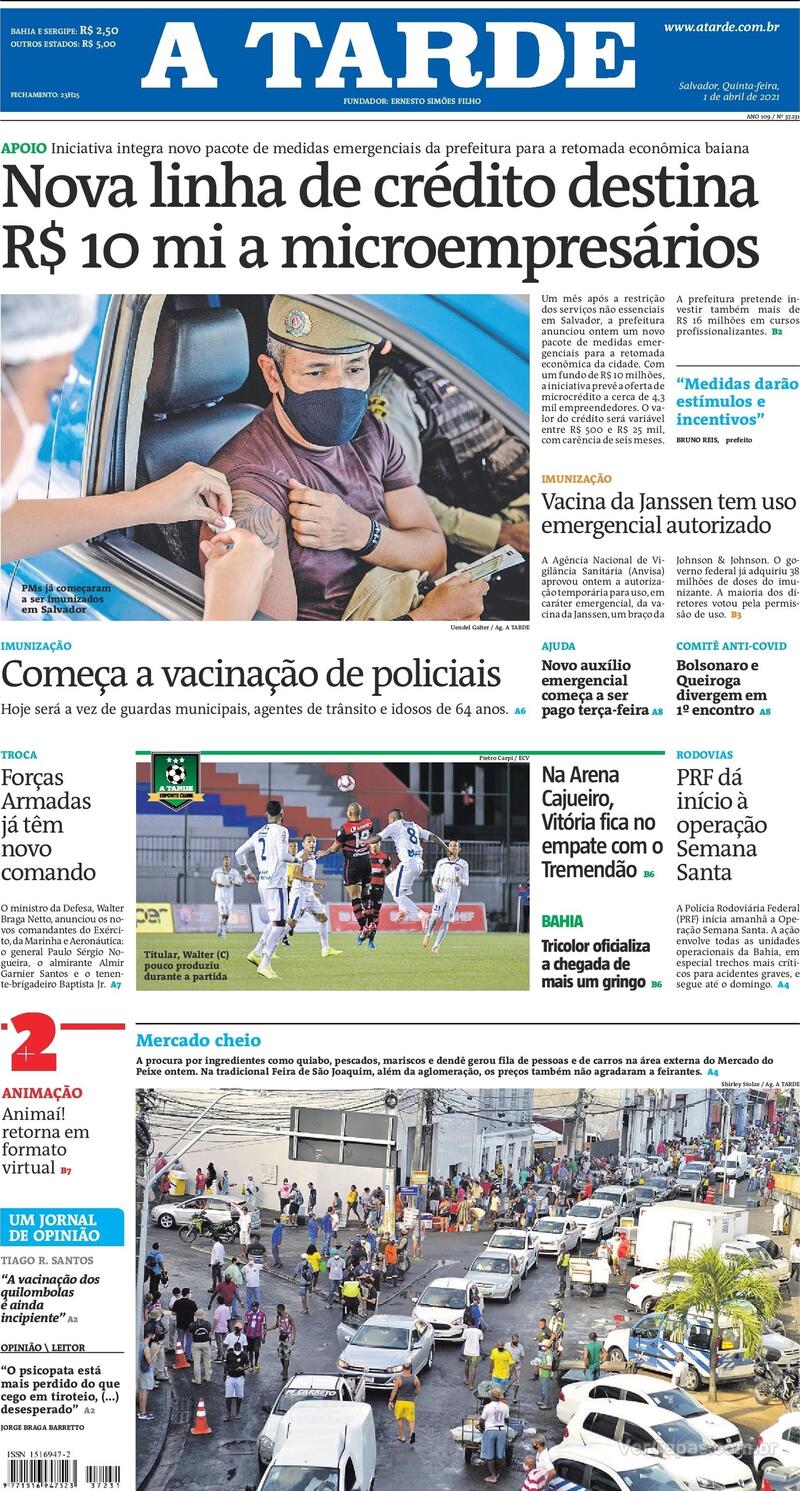 Capa do jornal A Tarde 01/04/2021