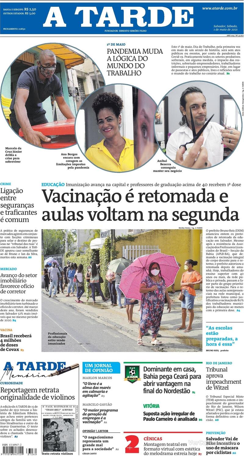 Capa do jornal A Tarde 01/05/2021
