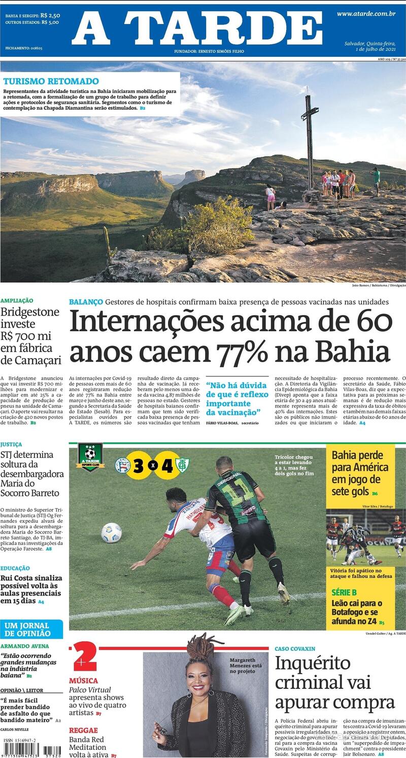 Capa do jornal A Tarde 01/07/2021