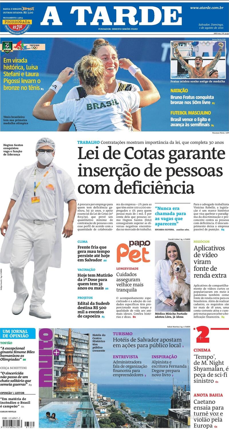 Capa do jornal A Tarde 01/08/2021