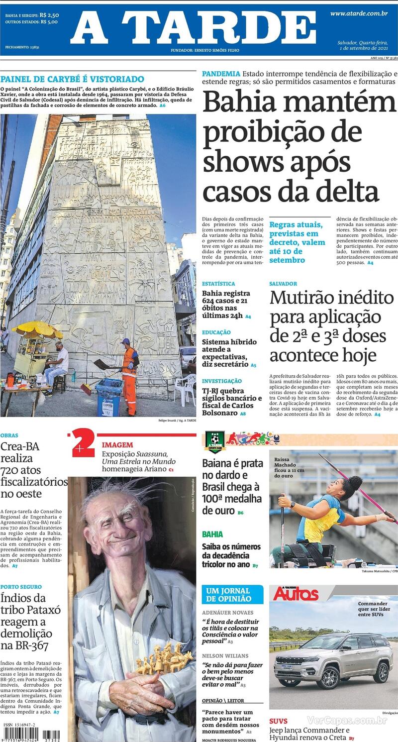 Capa do jornal A Tarde 01/09/2021