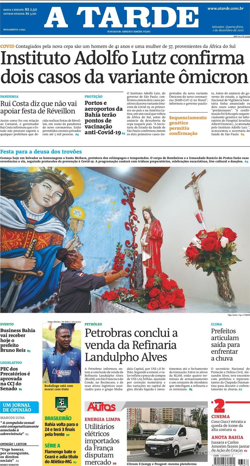 Capa do jornal A Tarde 01/12/2021
