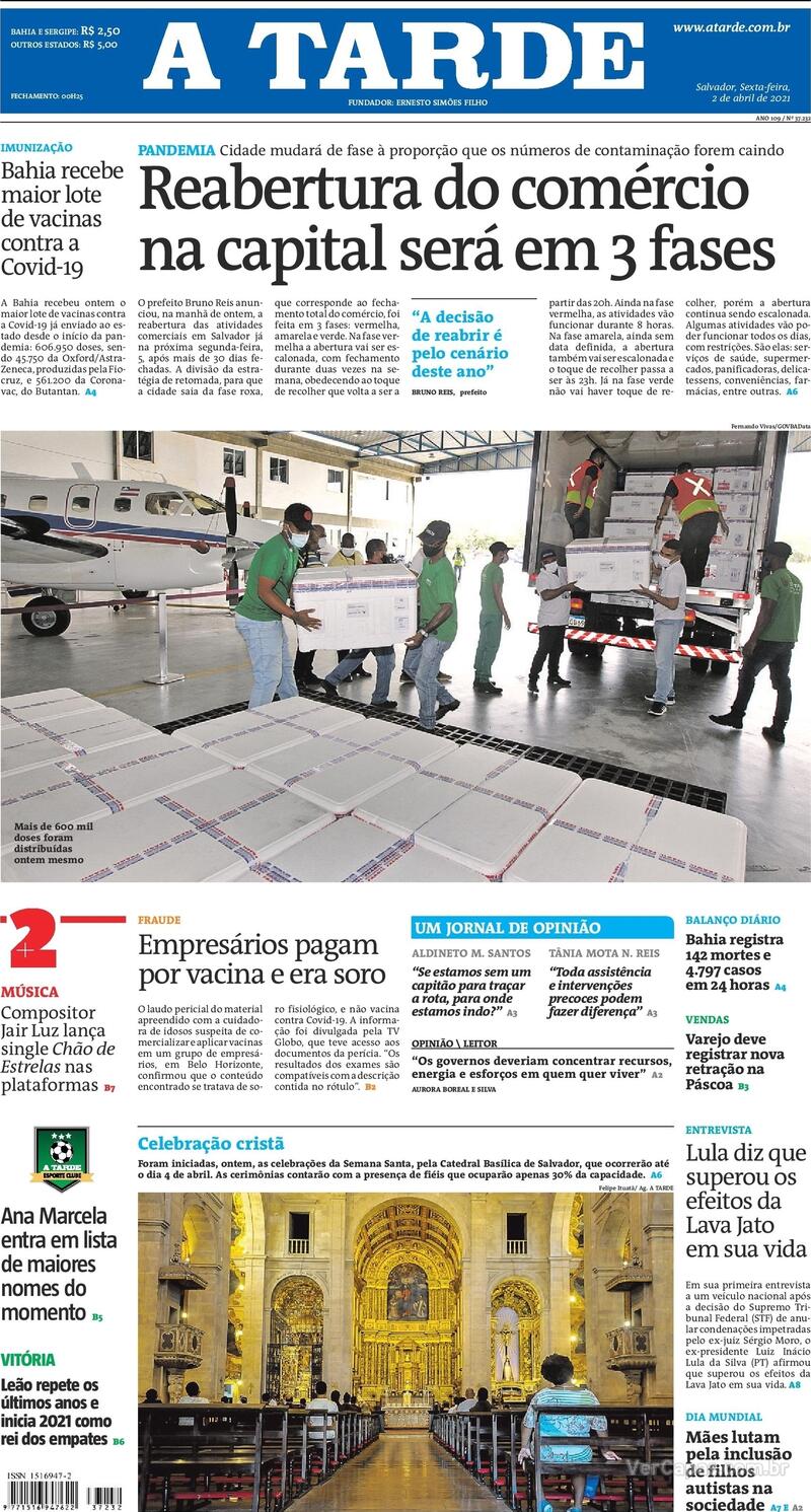 Capa do jornal A Tarde 02/04/2021