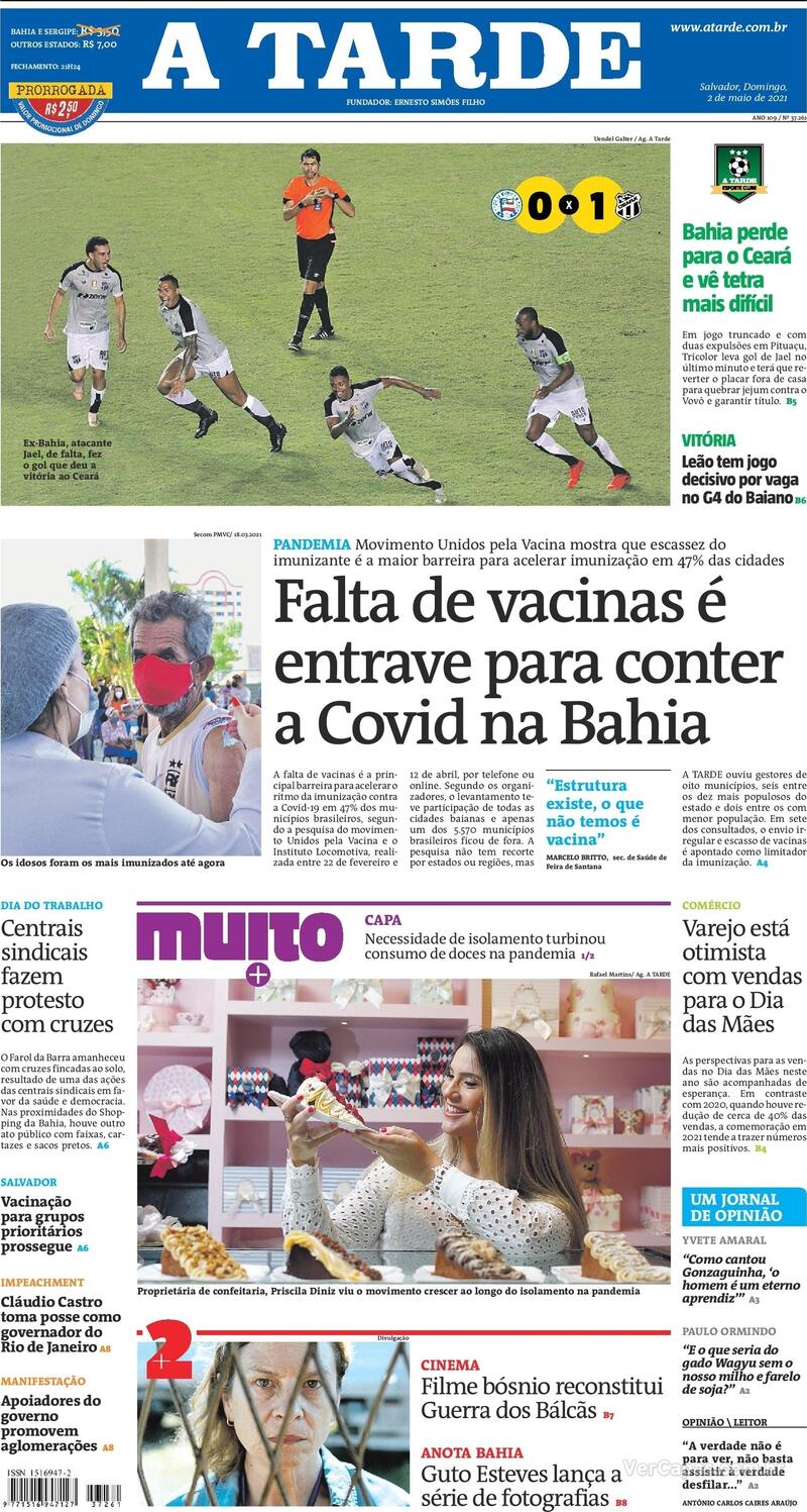 Capa do jornal A Tarde 02/05/2021