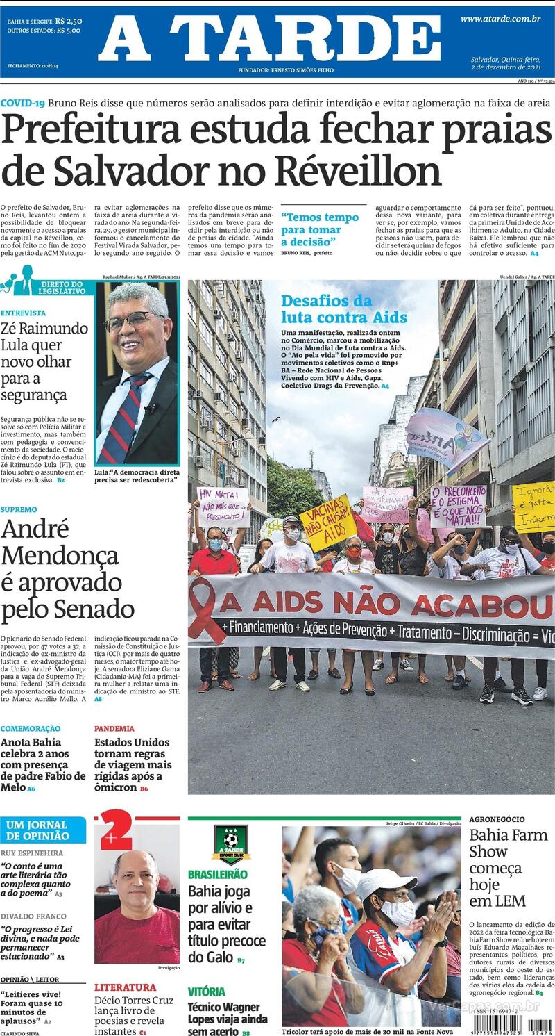 Capa do jornal A Tarde 02/12/2021