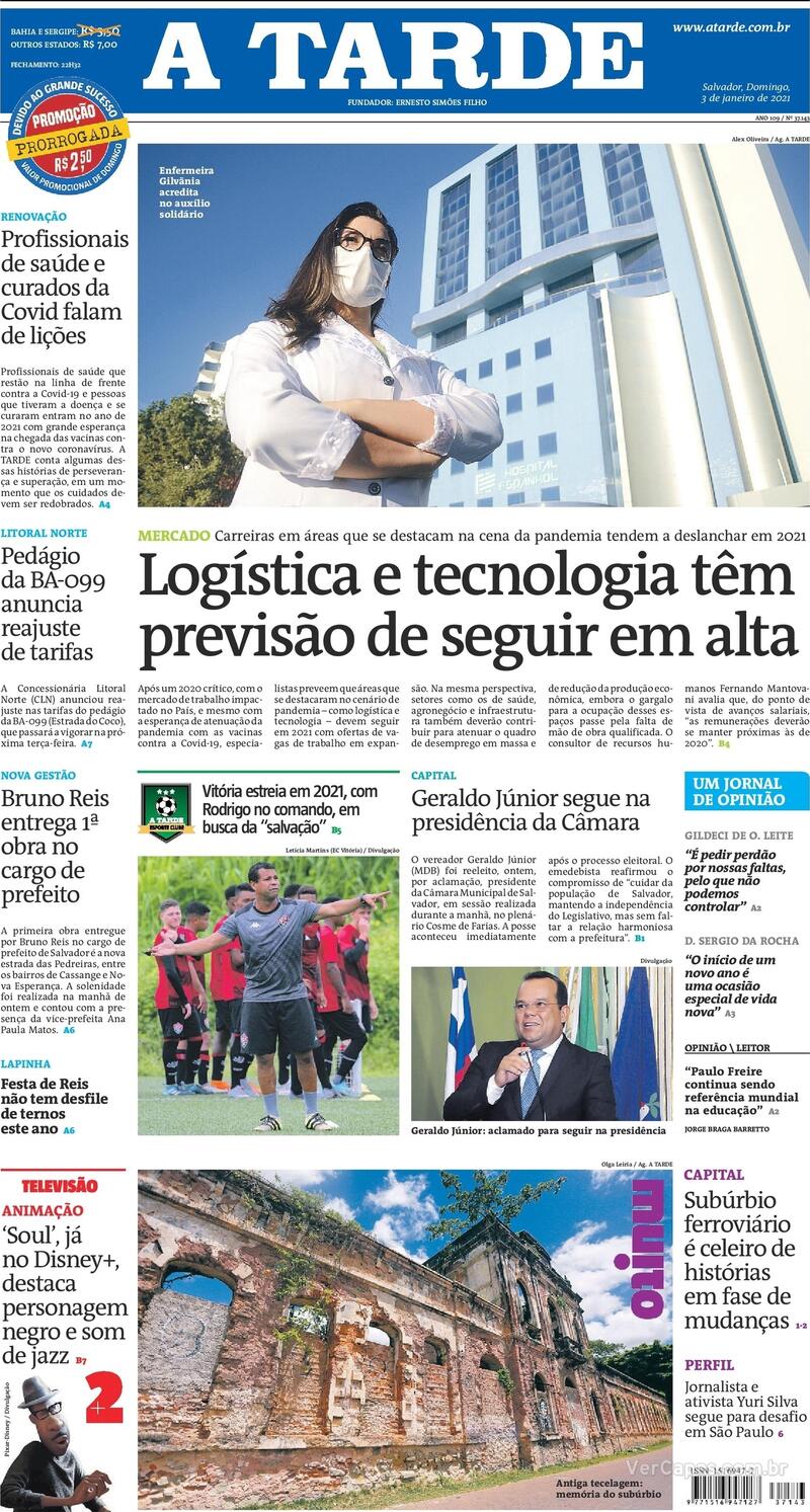 Capa do jornal A Tarde 03/01/2021