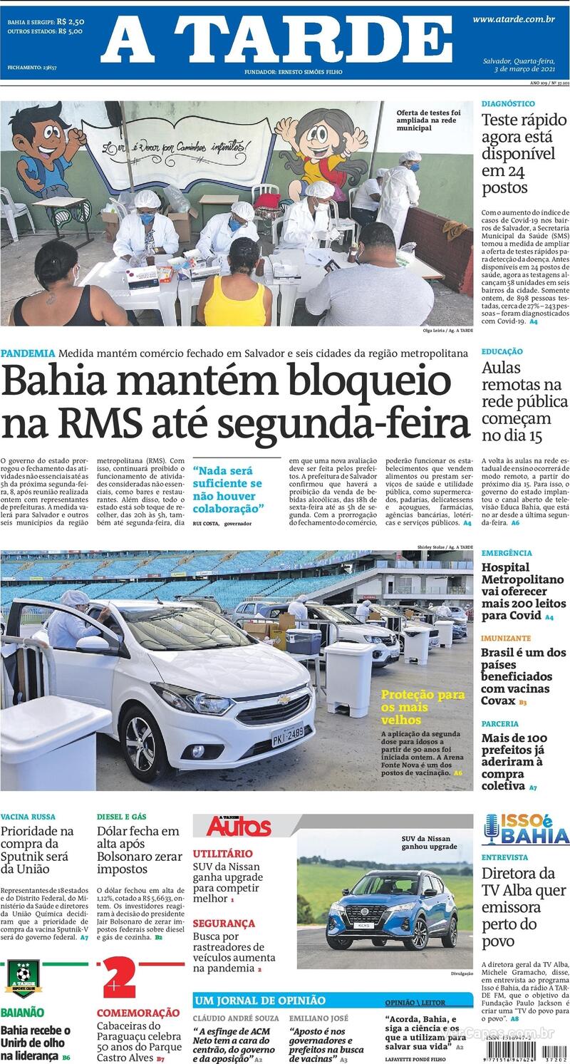 Capa do jornal A Tarde 03/03/2021