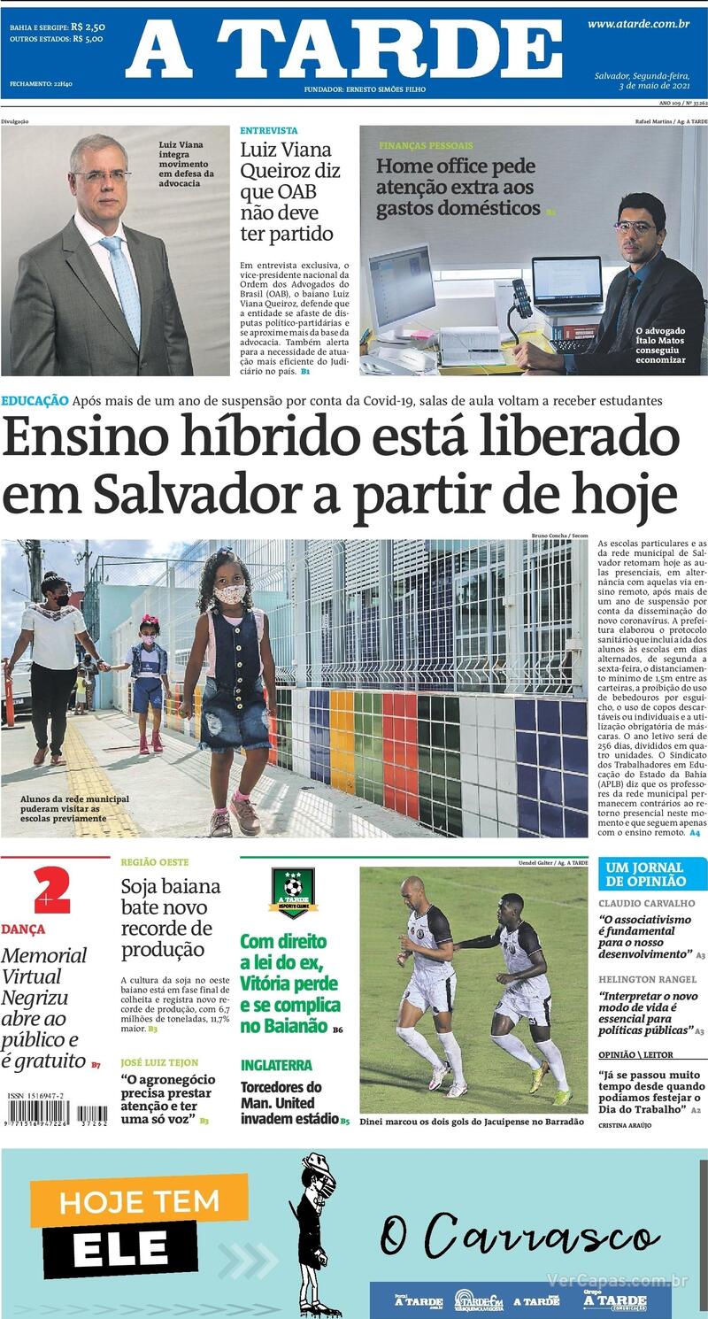 Capa do jornal A Tarde 03/05/2021