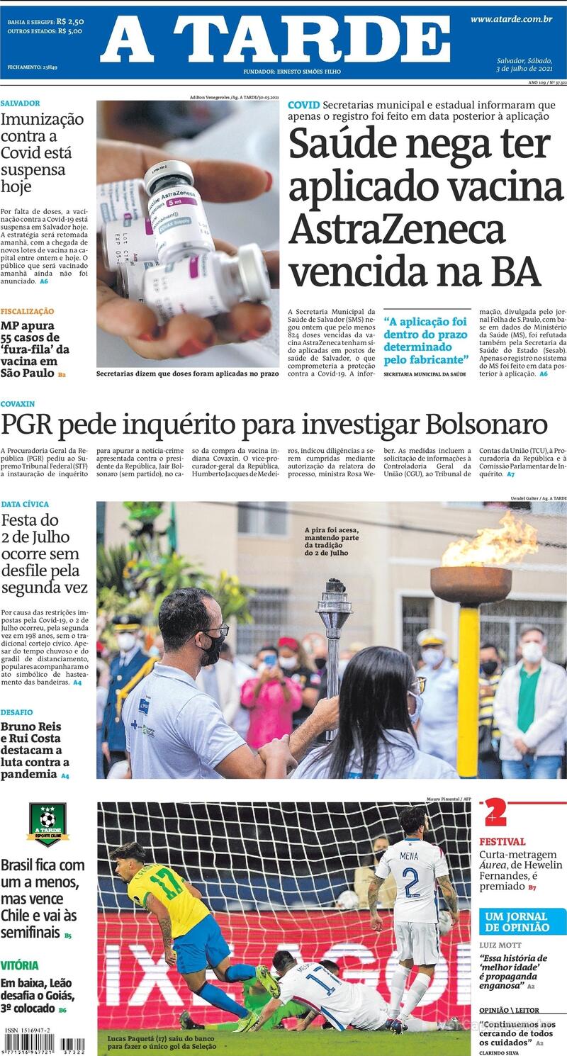 Capa do jornal A Tarde 03/07/2021