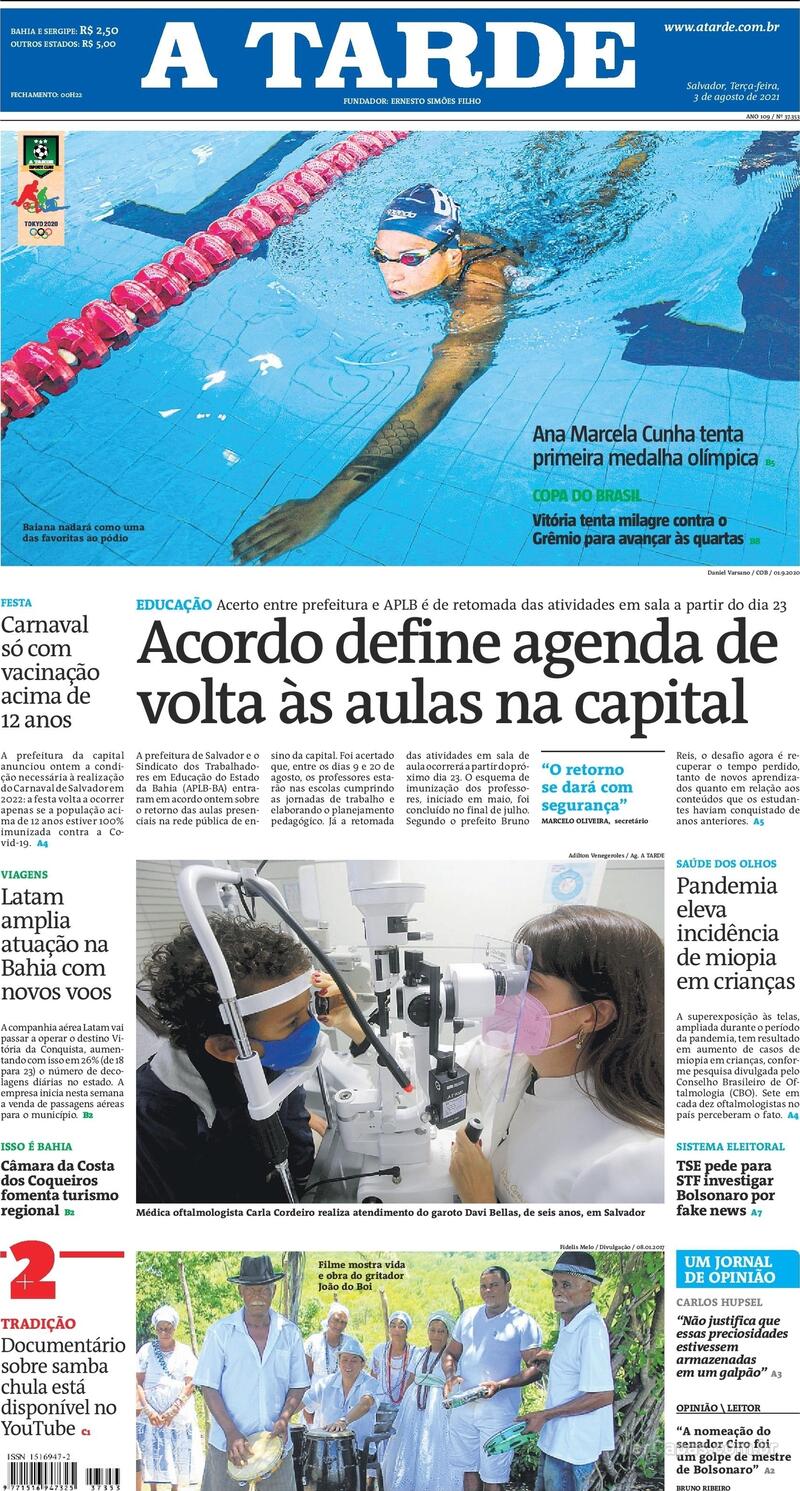 Capa do jornal A Tarde 03/08/2021