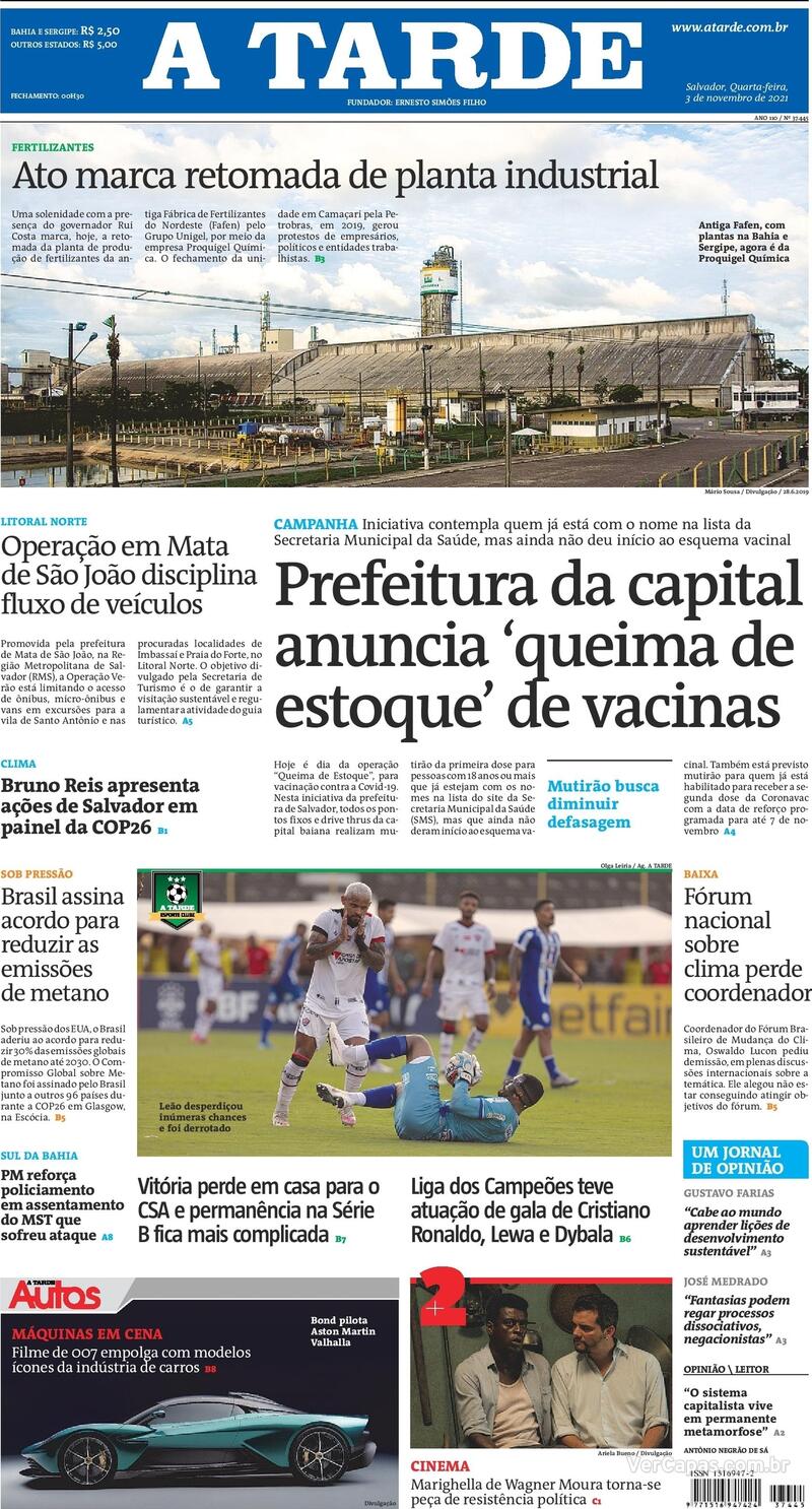 Capa do jornal A Tarde 03/11/2021