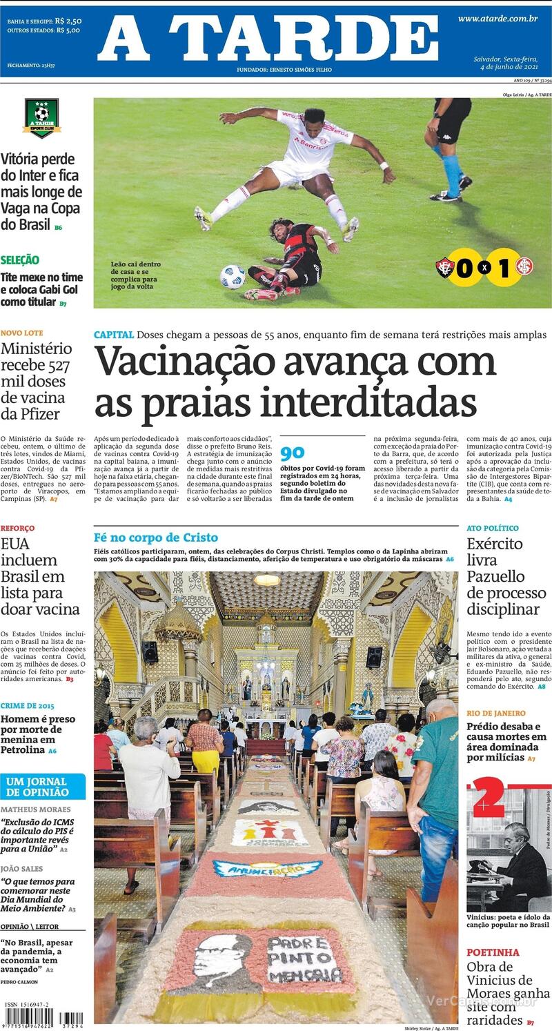 Capa do jornal A Tarde 04/06/2021